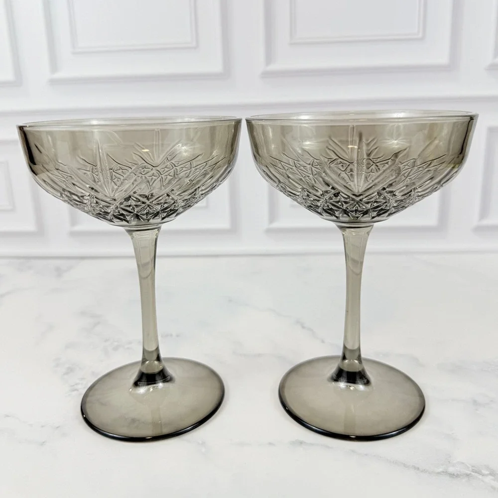 PAIR (2) Pasabahce Timeless Vintage Smoke Gray Crystal Coupe Glasses RARE